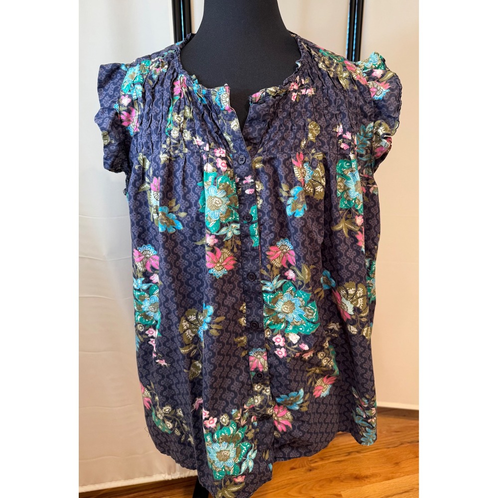 Lane Bryant Women 20 Navy Floral Cotton Ruffle Cap Sleeve Button Front Blouse